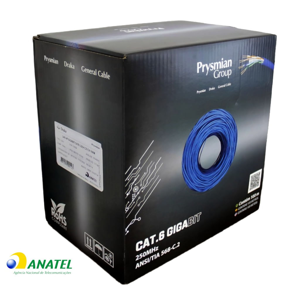 Cabo de Rede Cat6 U/UTP LSZH Prysmian Cinza com 100 Metros